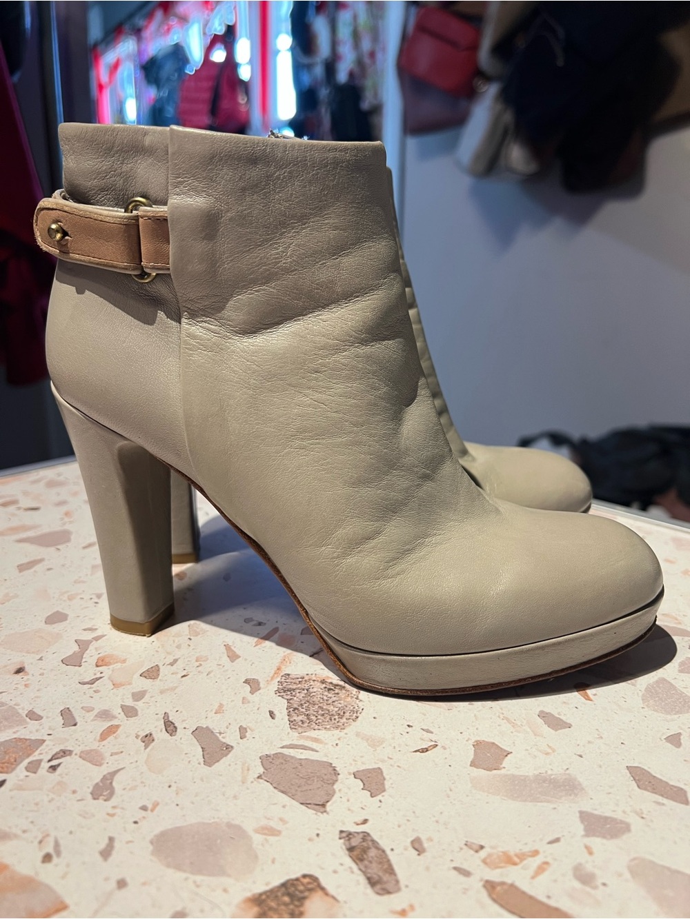 Alberto Fermani Cream Leather Block-Heel Ankle Boots with Strap Size 36.5